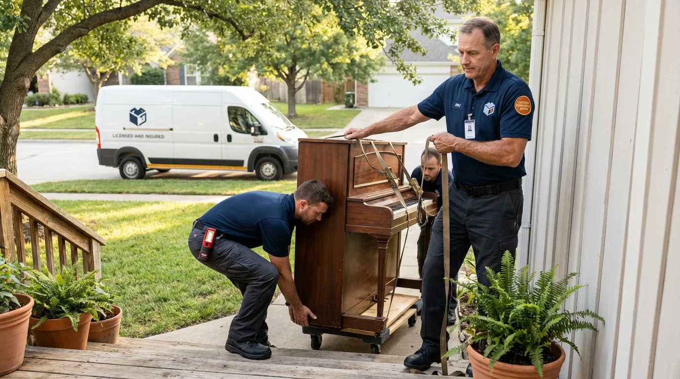 Licensed piano movers securing grand piano in Frenchtown, NJ