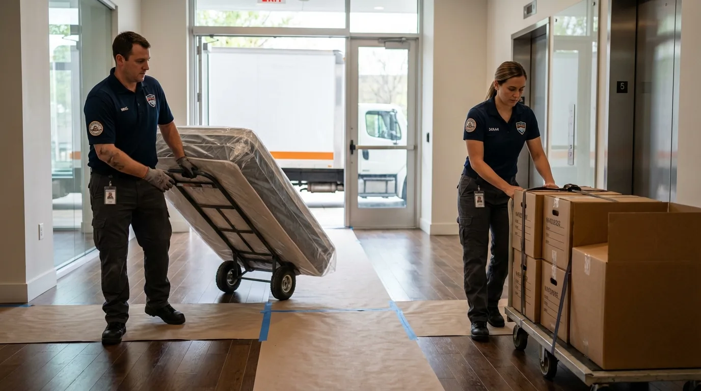 Professional apartment movers loading elevator in Frenchtown, NJ