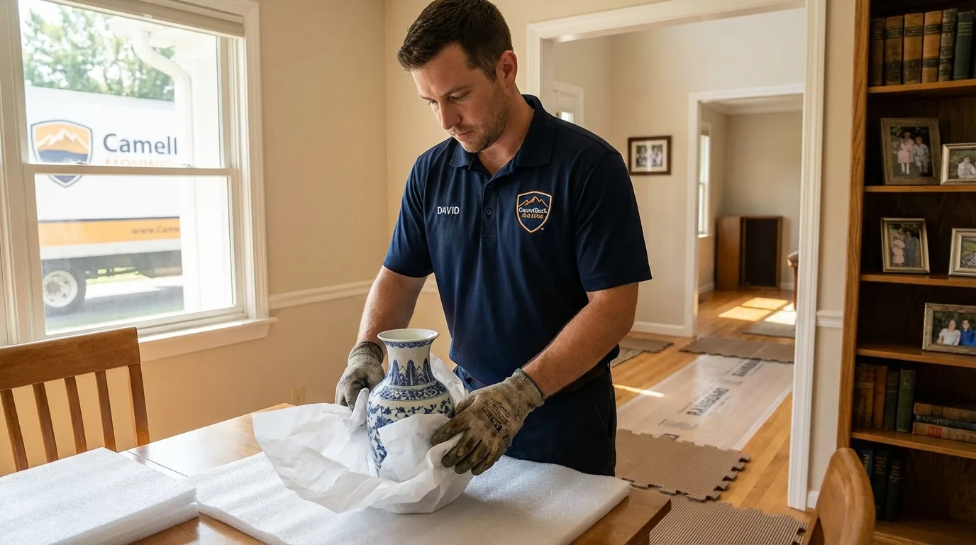 Professional crew carefully wrapping antique vase for senior downsizing move in Frenchtown, NJ
